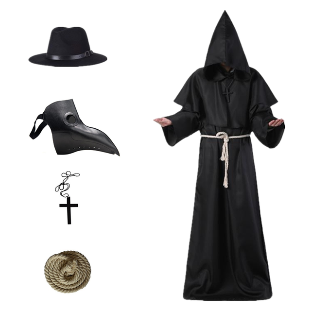 Średniowieczny czarny kaptur halloweenowy dla dorosłych - straszny kostium epidemii lekarza i czarodzieja - tanie ubrania i akcesoria