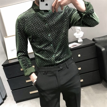 Męska koszula na co dzień – moda wiosna 2021, długi rękaw, slim fit, złoty aksamit, elastyczna, kolor: czarny/zielony, rozmiar: 3XL
