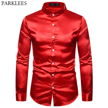 Mężczyźni: Czerwona sukienka z materiału podobnego do jedwabiu, slim fit, stójka - idealna na bal, wesele lub wieczór klubowy