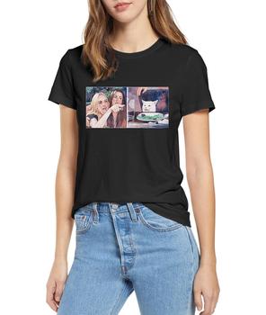 Koszulka damska z krótkim rękawem, 100% bawełna, fajny nadruk - śmieszne i wściekłe kobiety krzyczą na zdezorientowanego kota na stół do jadalni