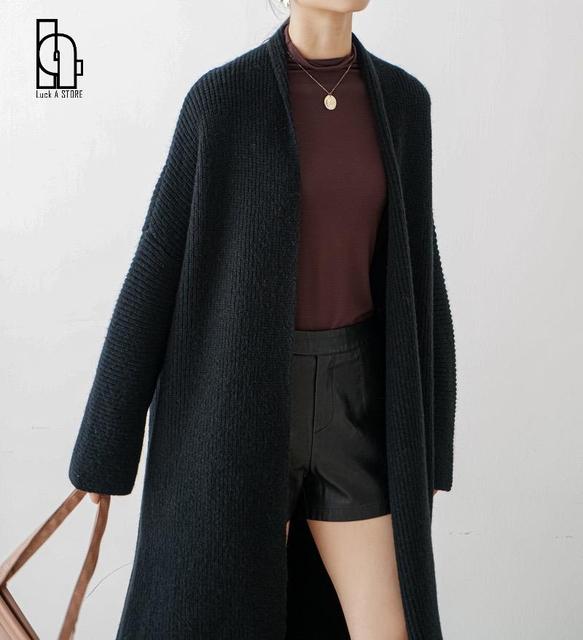 Długi, ciepły i luźny damski sweter z dzianiny o jesienno-zimowym stylu, oversize, elegancki - tanie ubrania i akcesoria