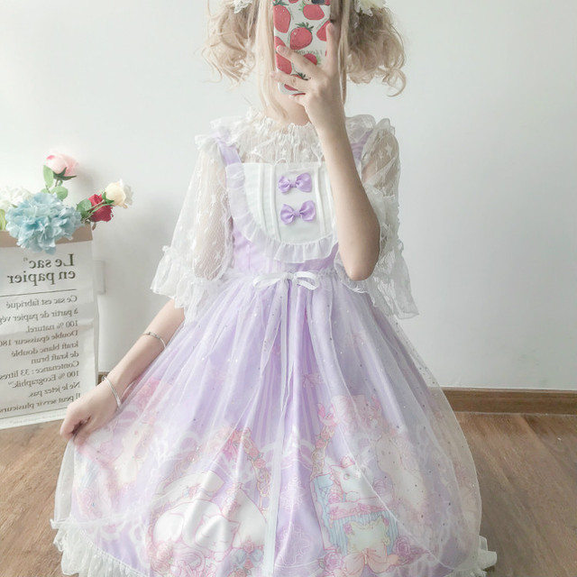 Kawaii sukienka bez rękawów z nadrukiem kotka i koronką - japoński styl Lolita, idealna na lato - tanie ubrania i akcesoria