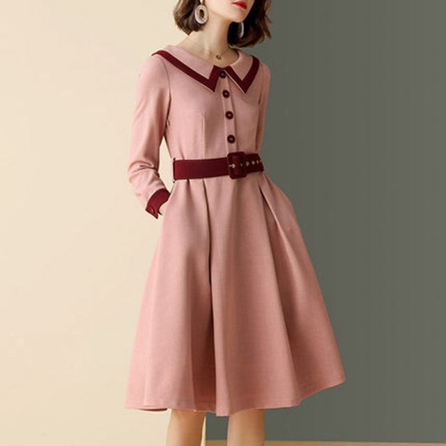 Vintage sukienka jesienno-zimowa kołnierz z guzikiem, francuski styl, elegancka sukienka damska midi OL - tanie ubrania i akcesoria
