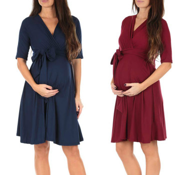 Sukienka do karmienia piersią 3/4 rękaw, kolor jednolity, dekolt V, dla kobiet w ciąży (2020)