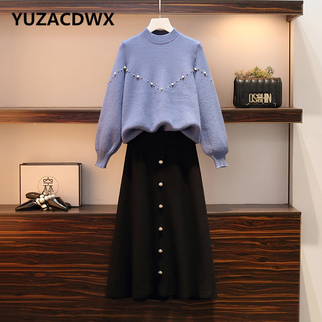 Kombinezon dzianinowy zimowy w rozmiarze 4XL dla kobiet - sweter z koralikami i dwuczęściowa spódnica, strój ciepły - tanie ubrania i akcesoria
