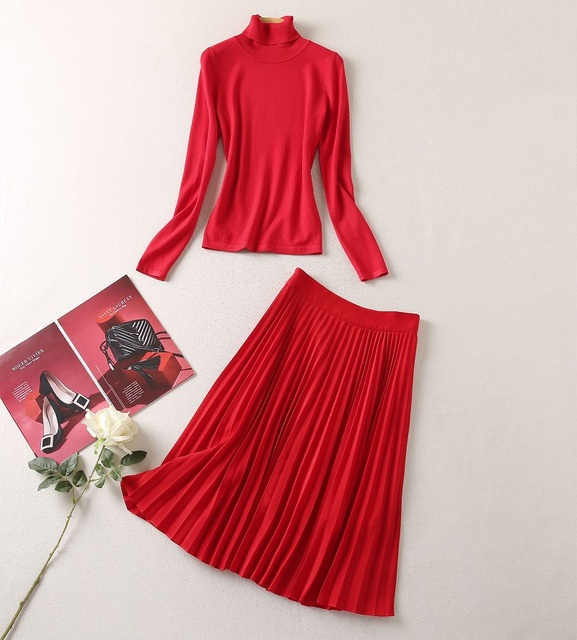 Garsonki damska, czerwony sweter wysokiej jakości z golfem + komplet plisowanych spódniczek - tanie ubrania i akcesoria