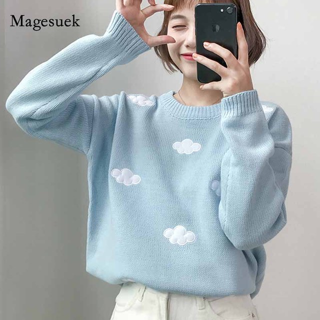 Koreański pulower damski z długim rękawem w stylu Harajuku - słodki, luźny sweter w chmurki 2020 (10897) - tanie ubrania i akcesoria