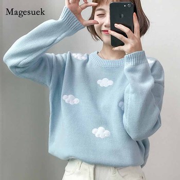 Koreański pulower damski z długim rękawem w stylu Harajuku - słodki, luźny sweter w chmurki 2020 (10897)