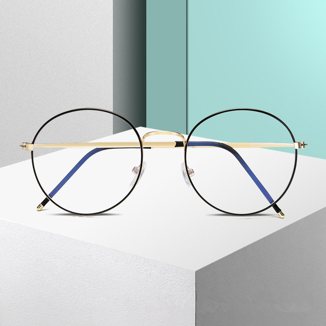 Filtrujące światło niebieskie, retro metalowe okulary UV400 z przezroczystymi szkłami - tanie ubrania i akcesoria