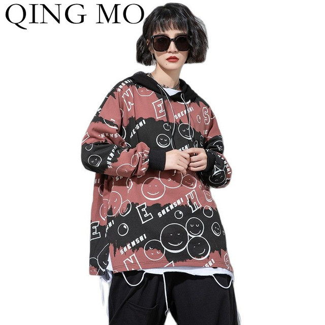 Bluza damska z kapturem QING MO Fashion Cartoon z nadrukiem w literki - Modna i luźna bluza dwuczęściowa na jesień 2021 (ZWL918) - tanie ubrania i akcesoria