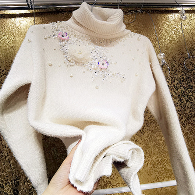 Ciepły pulower damski z ciężkim przemysłowym trójwymiarowym wzorem kwiatowym w stylu zroszonych cekin. (Pulover damski, Ciepły pulower damski) - tanie ubrania i akcesoria