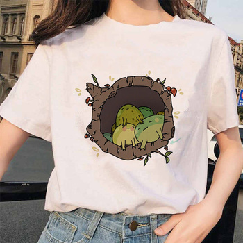 Urocza koszulka damska w stylu casual z grafiką i motywem żaby - T-shirt letni Harajuku