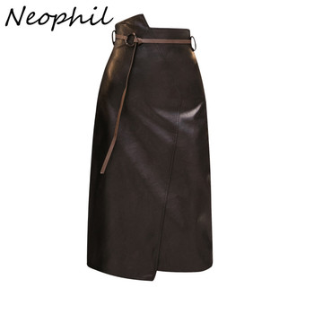 Spódnica Neophil 2021 zimowa w stylu vintage o asymetrycznym kroju, wykonana z lateksu PU Faux Leather, czarna, ołówkowa spódnica Midi z wysokim pasem S9727