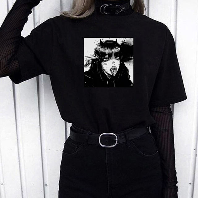 Ciemny gotycki T-shirt z w stylu loli punk streetwear Harajuku dla dziewcząt - Modny ubiór na co dzień - tanie ubrania i akcesoria