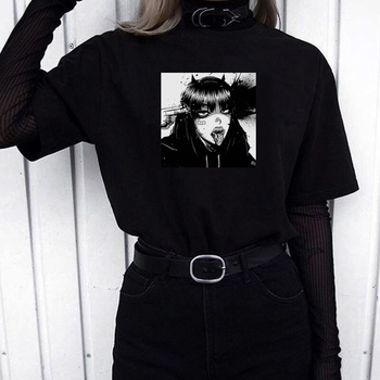 Ciemny gotycki T-shirt z w stylu loli punk streetwear Harajuku dla dziewcząt - Modny ubiór na co dzień