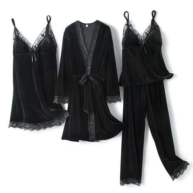 Komplet piżam damskich, koronkowych, welurowych - 4 sztuki, czarne. Idealny strój domowy na jesień i zimę. Seksowna, luźna bielizna nocna z paskiem - tanie ubrania i akcesoria