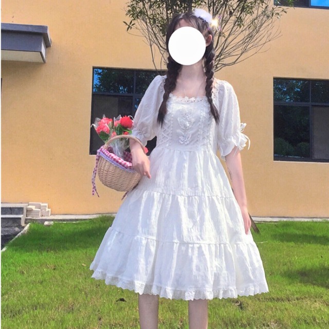 Sukienka krótki rękaw japońska koronka róża biała patchwork stil impreza suknie lolitki - tanie ubrania i akcesoria