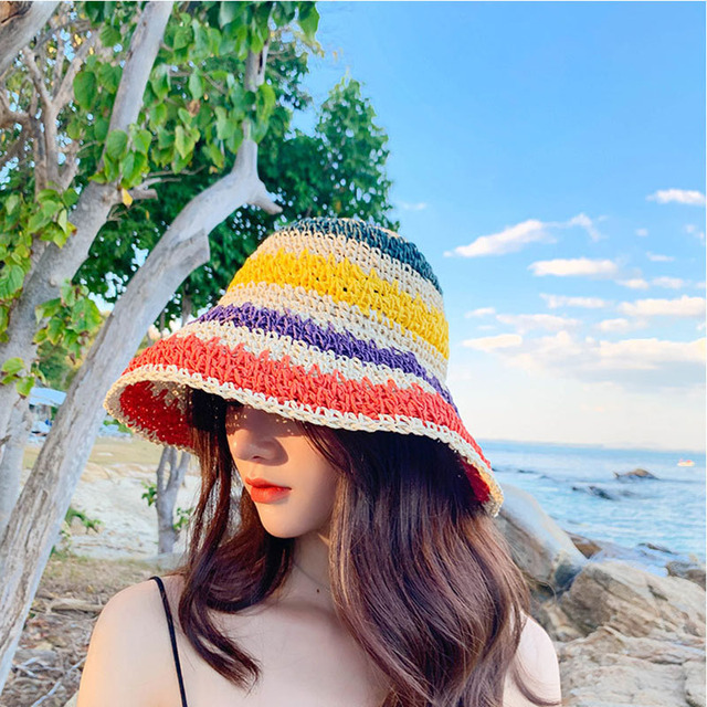Kapelusz plażowy dla kobiet: Handmade Crochet 2021, ochrona UV, składany słomkowy kapelusz, tęczowy Panamas - tanie ubrania i akcesoria