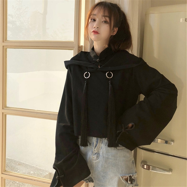 Gothic Vintage - czarna krótka bluza z kapturem, punkowa i japońska, z frędzlami - modny sweter Kpop Harajuku dla dziewcząt - tanie ubrania i akcesoria