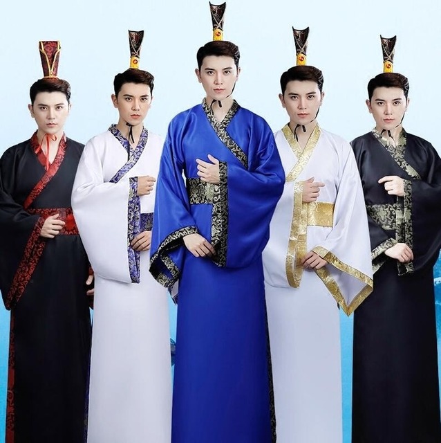 Kostium męski do chińskiego tańca ludowego: Satynowa tradycyjna odzież ze starożytnego Chin, inspirowana Hanfu z długimi rękawami z dynastii Tang - tanie ubrania i akcesoria