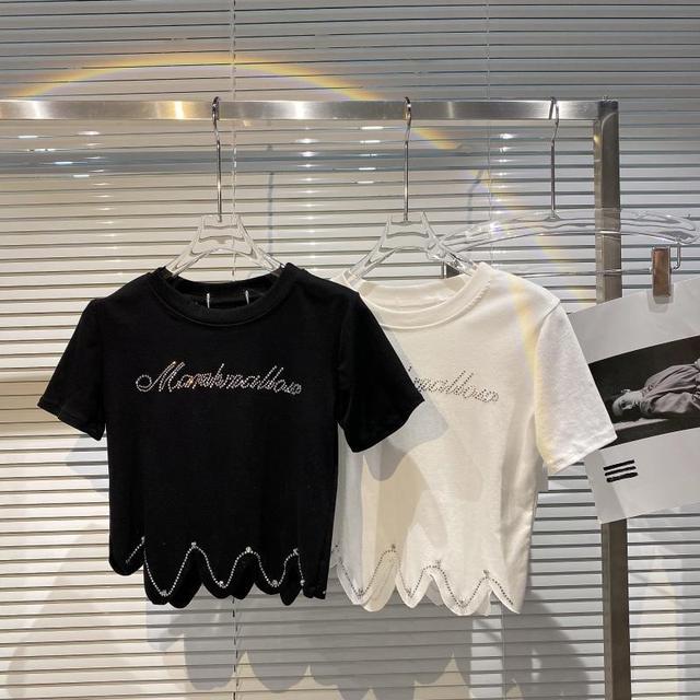 Czarny T-shirt damski z krótkim rękawem - nowa koreańska wersja z luźnymi literami i gorącymi dżetami - tanie ubrania i akcesoria