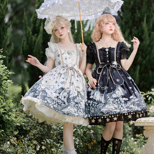 Japońska sukienka gothic lolita z krótkim rękawem, ciemny op, vintage styl retro dla kobiet - tanie ubrania i akcesoria