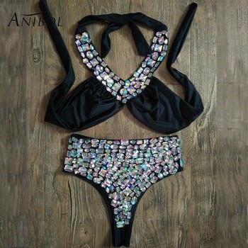 Luksusowe naszyjnikowe bikini z kryształami Rhinestone 2018 dla kobiet - Zestaw sexy strojów kąpielowych z wysokim wycięciem