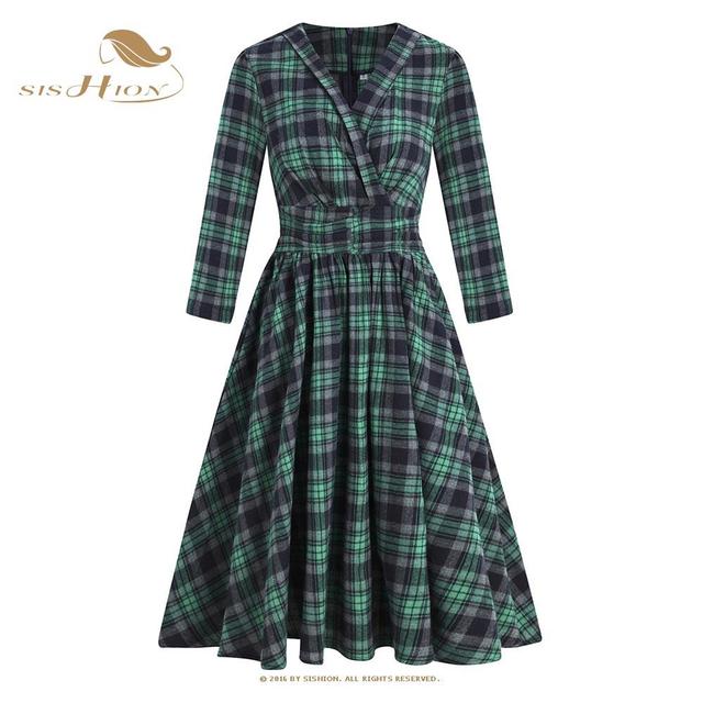 Sukienka SP1548 3/4 z długim rękawem, wzór w kratę, kolor zielony, elegancki styl Hepburn, z głębokim dekoltem V - jesienne kreacje dla pewnych siebie kobiet - tanie ubrania i akcesoria