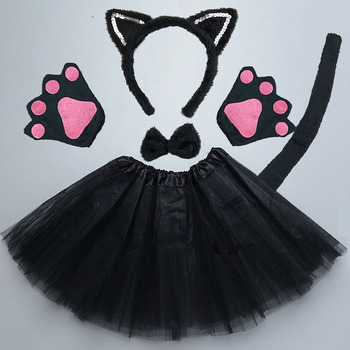 Kostium dziewczęcy na Halloween - opaska z uszami kota, ogon, łuk, w kolorze czarnym, białym i różowym