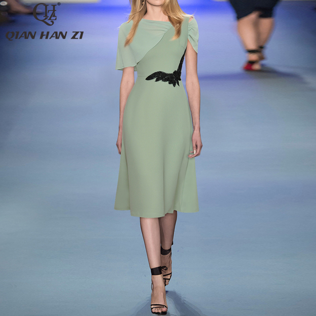 Nowa letnia sukienka z kolekcji Qian Han Zi 2021 - eleganckie połączenie aplikacji z koralikami i rękawem Cape sleeve dla kobiet - tanie ubrania i akcesoria