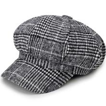 Jesienny/zimowy Beret Houndstooth dla kobiet - modna artystyczna czapka z dzianiny gazeciarza retro ośmioboczna w stylu wojskowym z wełny