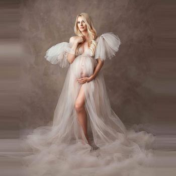 Elegancka sukienka ciążowa z tiulu na sesję fotograficzną - rodzaj Puffy, długa i przewiewna bez rękawów