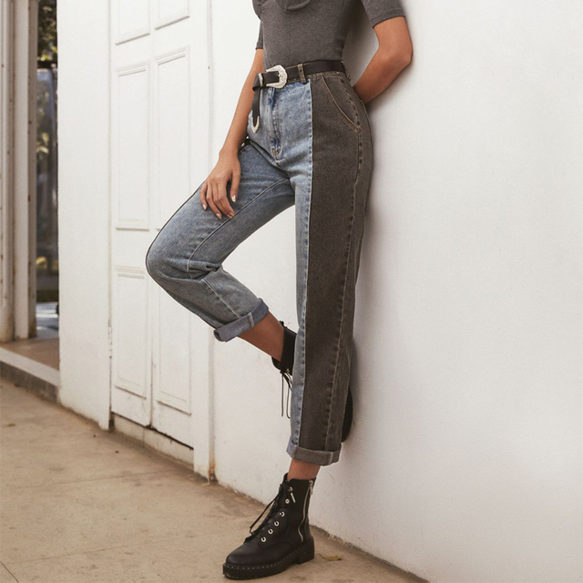 Patchworkowe dżinsy damskie wysokiej talii Streetwear - proste, kontrastowe spodnie jeansowe na co dzień - tanie ubrania i akcesoria