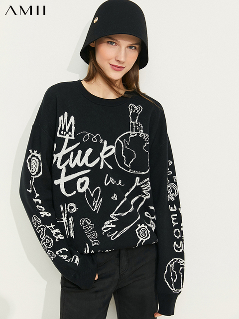 Sweter damski Amii Casual w minimalistycznym stylu, kontrastujący Graffiti, dzianinowy, luźny, z golfem - nowa odzież 12130465 - tanie ubrania i akcesoria