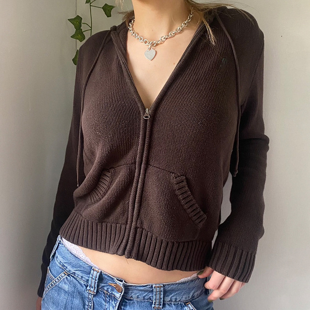 Crop Top Sweter Y2K Kobiety - Bluza Vintage z Dzianiny, Kurtka Zamek, Kapturem (Rozpinany) - tanie ubrania i akcesoria