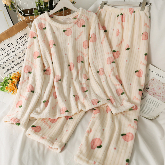 Kobieta Damski aksamitny garnitur jesienno-zimowy - luźna piżama, długie rękawy, elastyczna gumka w pasie, spodnie z nadrukiem fala - zestawy piżam - tanie ubrania i akcesoria
