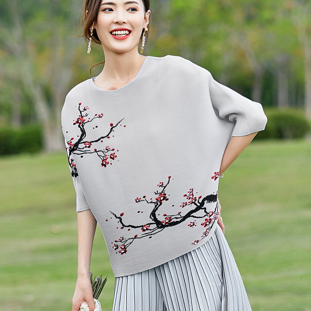 Koszulka damskie: Etniczny print kwiatowy w stylu chińskim, luźny fason z plisami, cienka bat bluzka - tanie ubrania i akcesoria