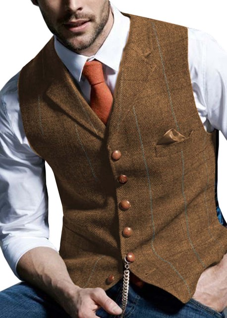Męska kamizelka w kratę Tweed, zielona, wełniana, slim fit, lapel, casual smoking dla drużbów na ślub - nowość 2020 - tanie ubrania i akcesoria