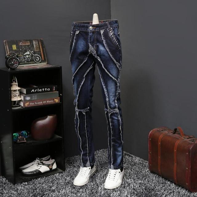 Dżinsy męskie na jesień 2019 z własnoręcznie ozdobionymi kanisterami - długie spodnie z fala marki Erkek - tanie ubrania i akcesoria