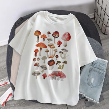 T-shirt damski z nadrukiem grzybowym i kotkiem, krótki rękaw, letni, rozmiar oversize, kolorowy