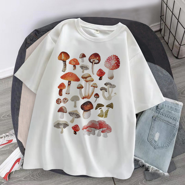 T-shirt damski z nadrukiem grzybowym i kotkiem, krótki rękaw, letni, rozmiar oversize, kolorowy - tanie ubrania i akcesoria