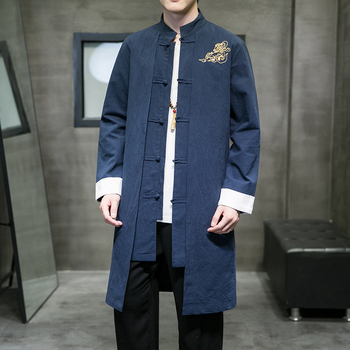 Moda męska w stylu chińskim - haftowany smok - długi płaszcz