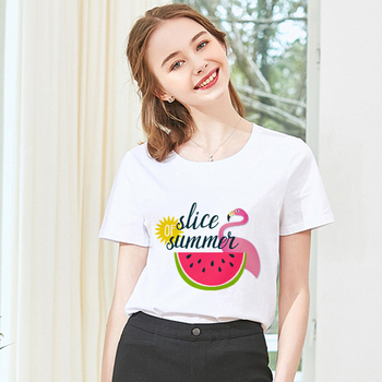 Nowa letnia koszulka damska z nadrukiem flaminga, modna koszulka O-neck z krótkim rękawem i białym topem