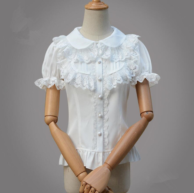 Klasyczna damska sukienka lolita w stylu biały/czarny z koronkowym kołnierzem, falbanami i krótkimi rękawami - tanie ubrania i akcesoria