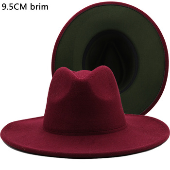 Filcowy kapelusz Fedora Panama o szerokości 9.5CM dla mężczyzn i kobiet - zewnętrzna czerwona wełna, wewnętrzna zielona, z cienkim paskiem i klamrą - rozmiar 56-58CM