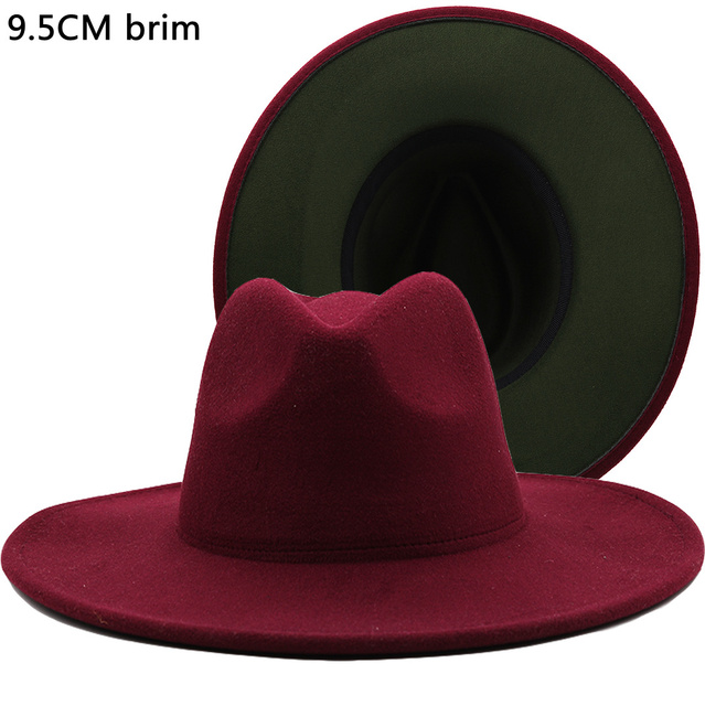 Filcowy kapelusz Fedora Panama o szerokości 9.5CM dla mężczyzn i kobiet - zewnętrzna czerwona wełna, wewnętrzna zielona, z cienkim paskiem i klamrą - rozmiar 56-58CM - tanie ubrania i akcesoria