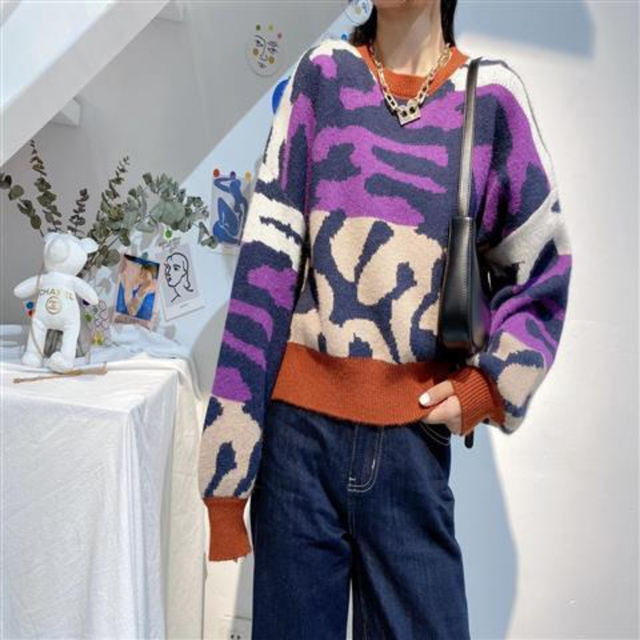 Pulower damski Korobov 2021 w stylu vintage z kolorowym leopardowym wzorem i długim rękawem - tanie ubrania i akcesoria