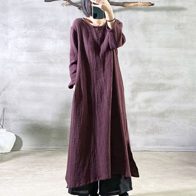 Nowa sukienka damska Johnature Cotton Linen Retro z długim rękawem, w stylu prostej mody na jesień, z o-neck klamrą i kieszeniami - tanie ubrania i akcesoria