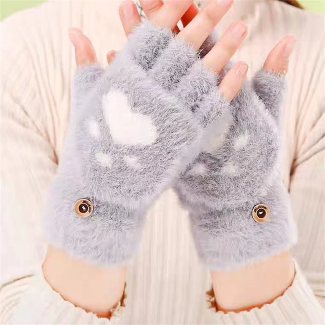 Rękawiczki damskie zimowe, puszyste koty. Miękki plusz, ciepłe, pół palca - tanie ubrania i akcesoria