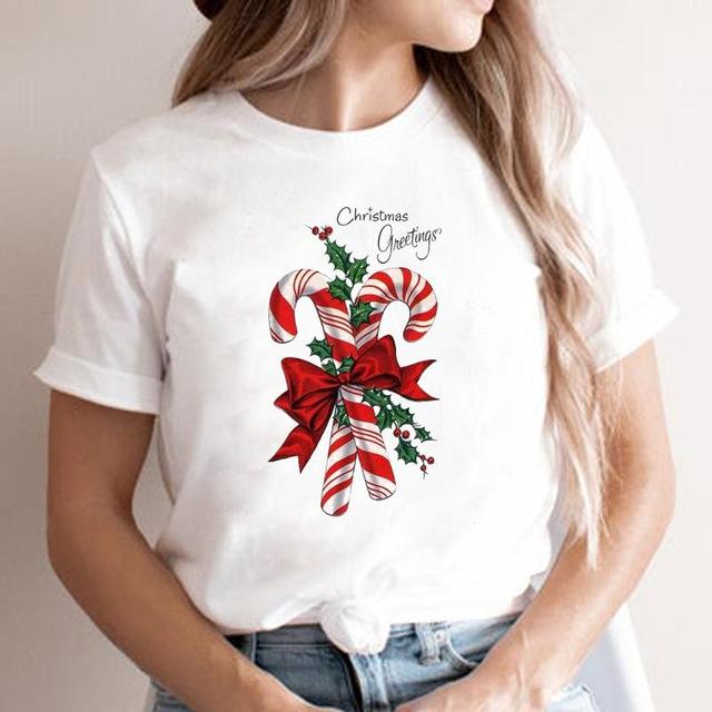 Koszulka damska z nadrukiem Cartoon Graphic Holiday Tshirt Happy Season Winter 2022 New Year, Merry Christmas - tanie ubrania i akcesoria